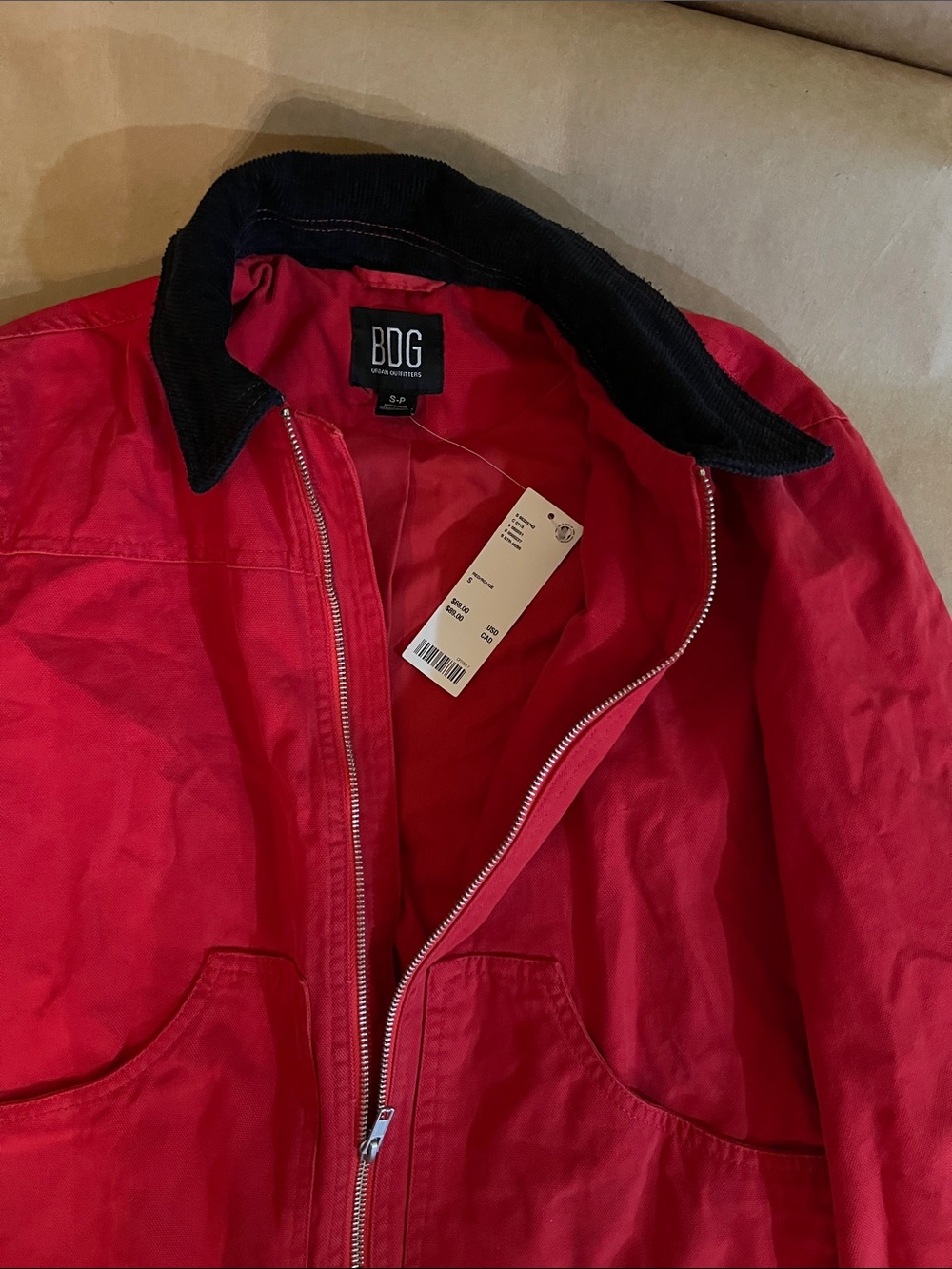 BDG Red Zip-Front Utility Jacket with Black Corduroy Collar and Cuffs - Picture 3 of 5